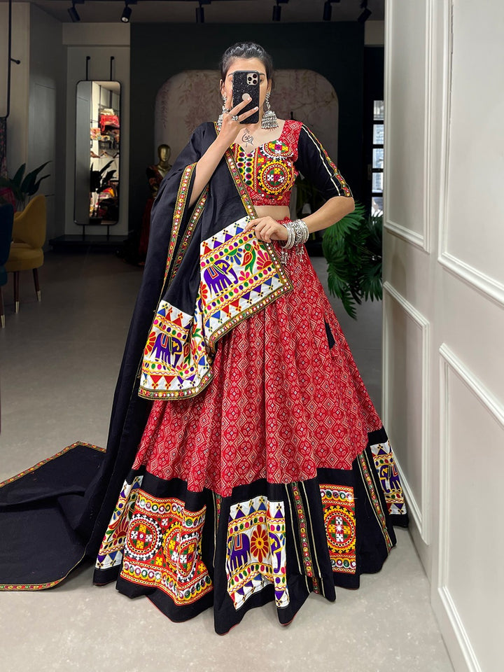 Red Color Pure Cotton Printed And Gamthi work With Mirror work Lehenga