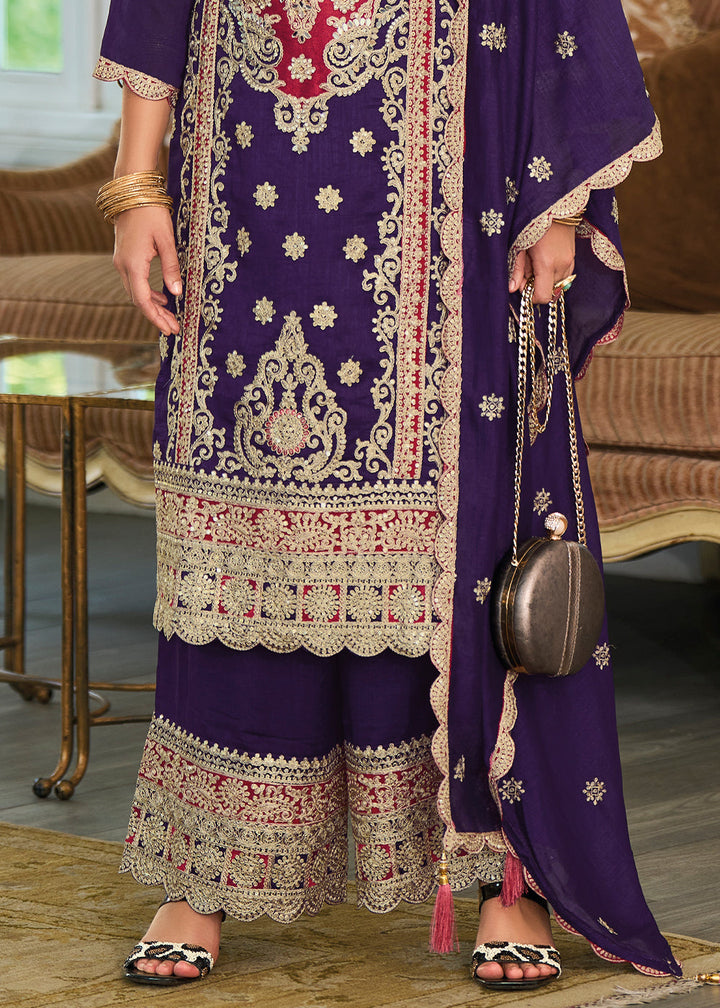 Indigo Purple Silk Plazzo Suit with Intricate Embroidery work