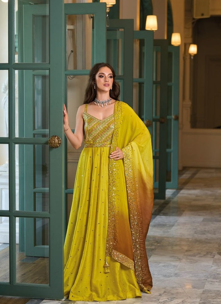 Yellow Hevey Premium Silk With Emboidery Work Anarkali Gown