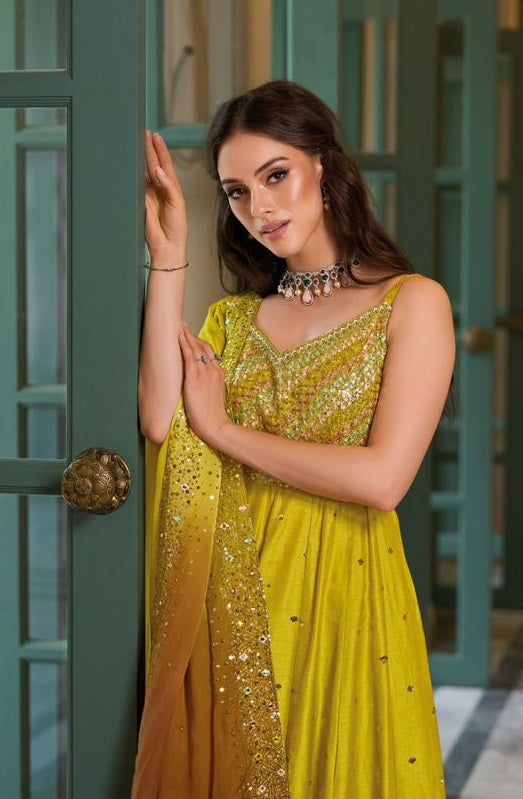 Yellow Hevey Premium Silk With Emboidery Work Anarkali Gown