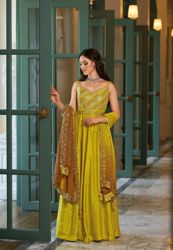 Yellow Hevey Premium Silk With Emboidery Work Anarkali Gown