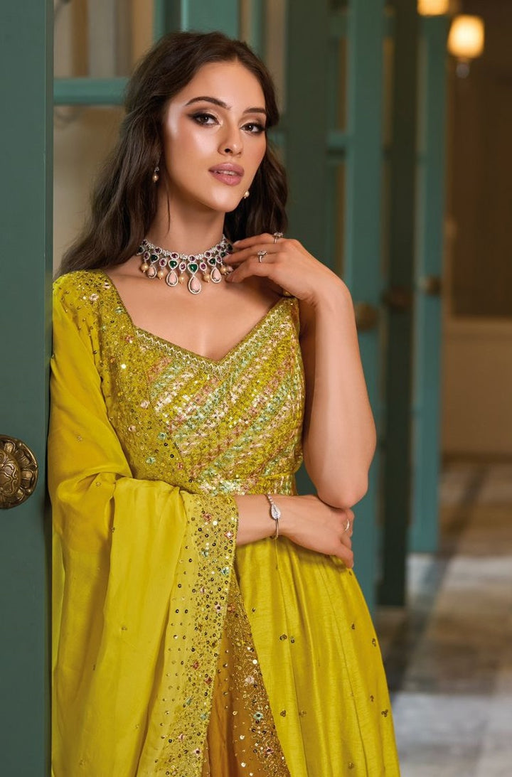 Yellow Hevey Premium Silk With Emboidery Work Anarkali Gown