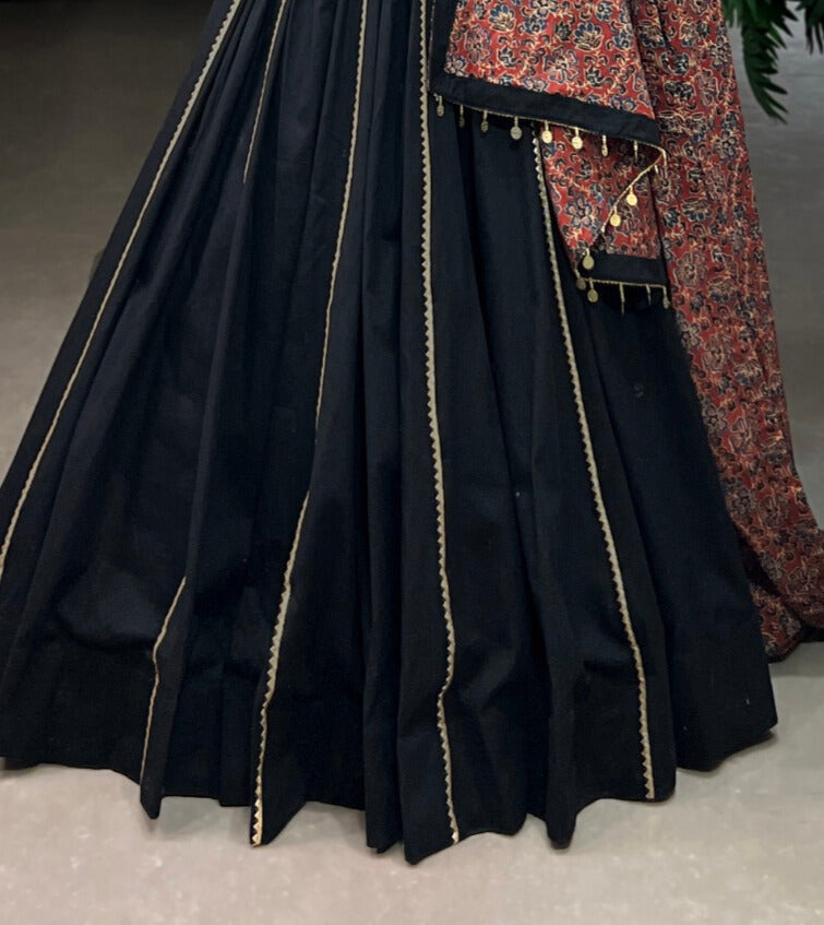 Black Pure Cotton Plain With Gota Patti Touch Up Lehenga Choli