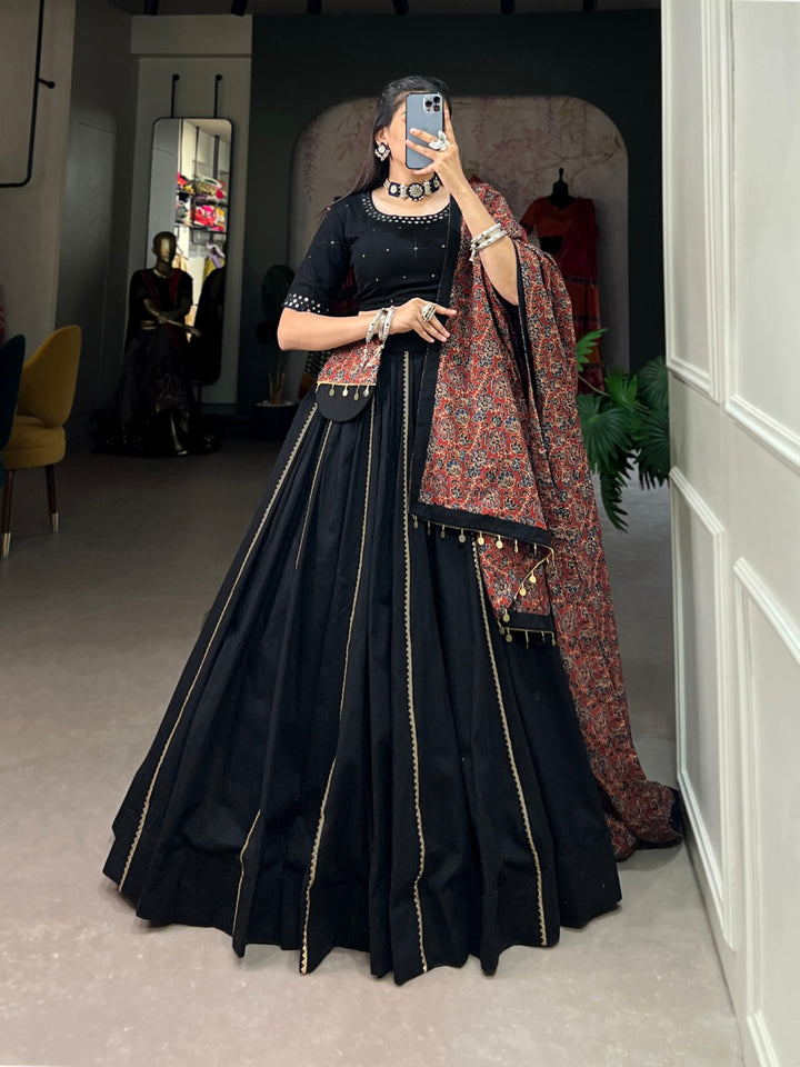 Black Pure Cotton Plain With Gota Patti Touch Up Lehenga Choli