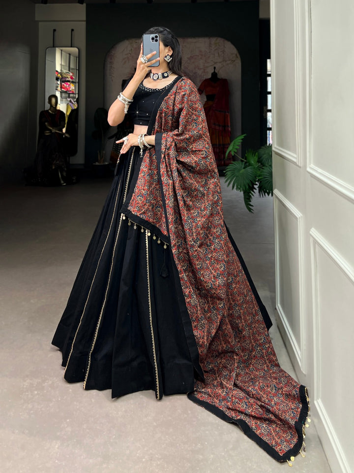 Black Pure Cotton Plain With Gota Patti Touch Up Lehenga Choli