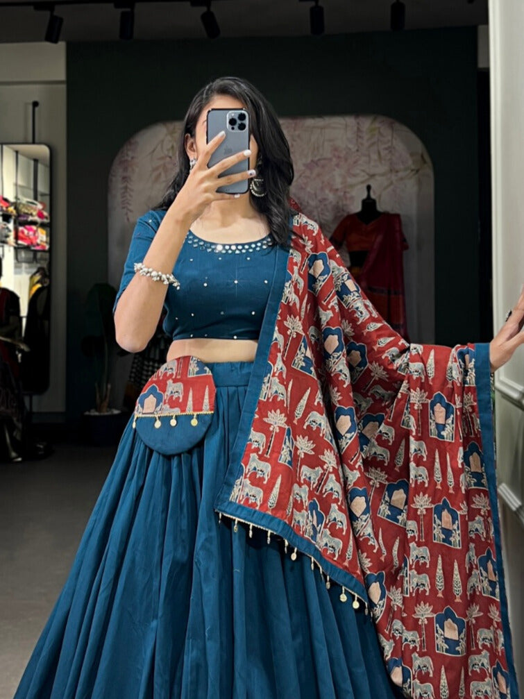 Teal lehenga choli featuring gota patti work on pure cotton fabric