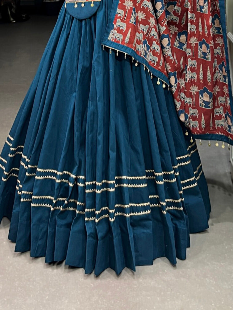 Teal Pure Cotton Plain With Gota Patti Touch Up Lehenga Choli