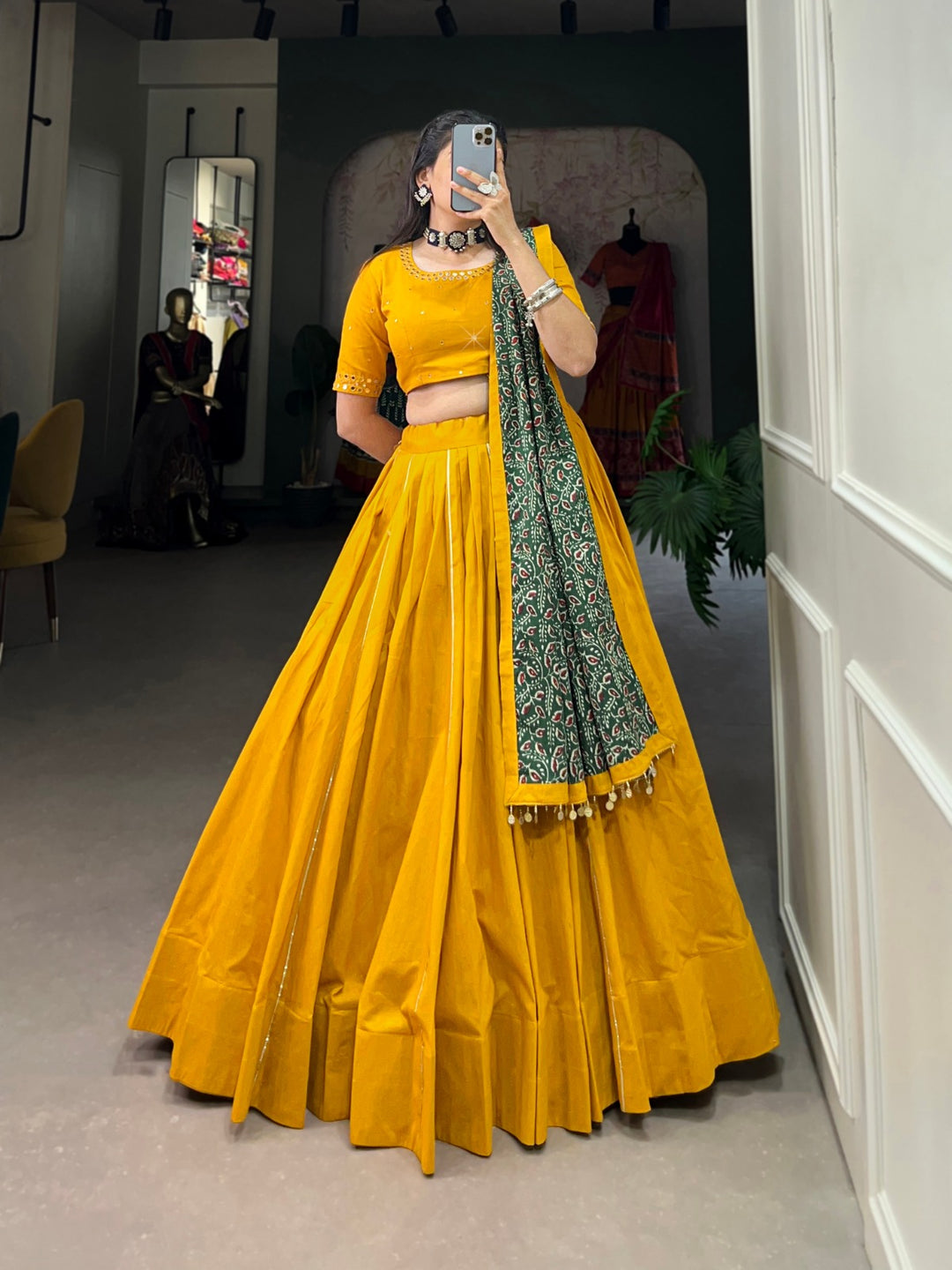 Mustard Pure Cotton Plain With Gota Patti Touch Up Lehenga Choli