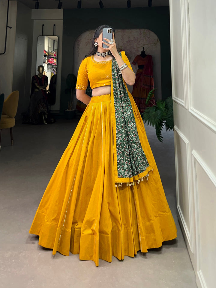 Mustard Pure Cotton Plain With Gota Patti Touch Up Lehenga Choli