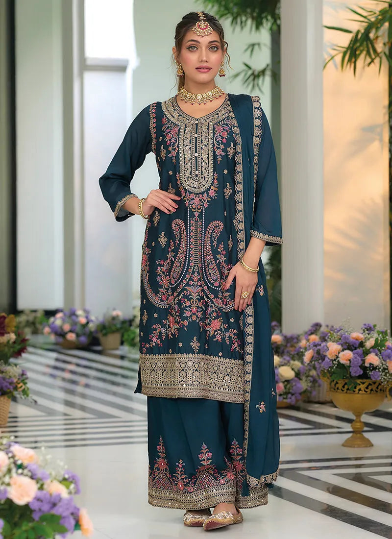 Gorgeous Turquoise Multi Embroidered Traditional Palazzo Suit - qivii