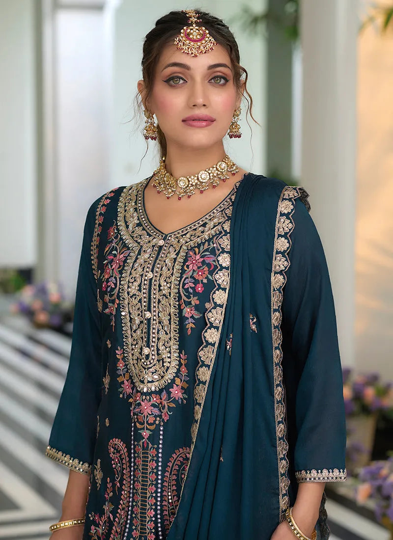 Gorgeous Turquoise Multi Embroidered Traditional Palazzo Suit - qivii