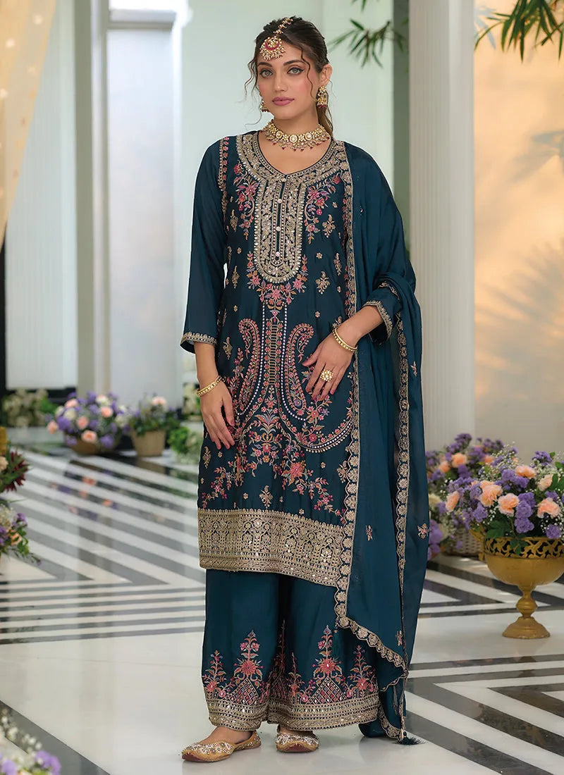 Gorgeous Turquoise Multi Embroidered Traditional Palazzo Suit - qivii
