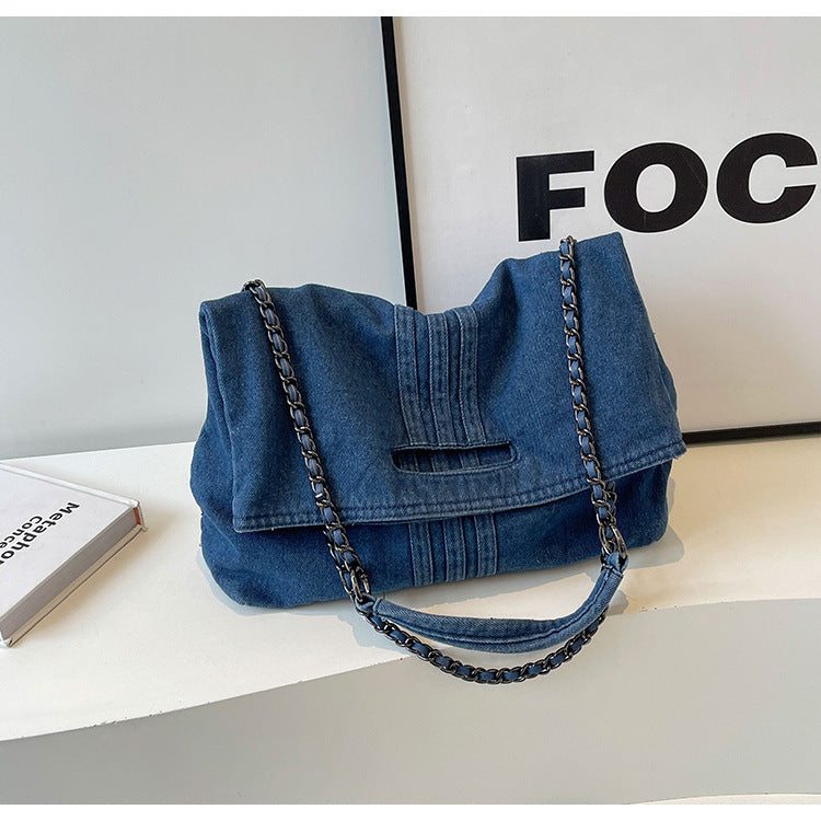 Women's Vintage Denim Tote Bag with Chain Strap – Structured Large-Capacity Crossbody & Shoulder Bag