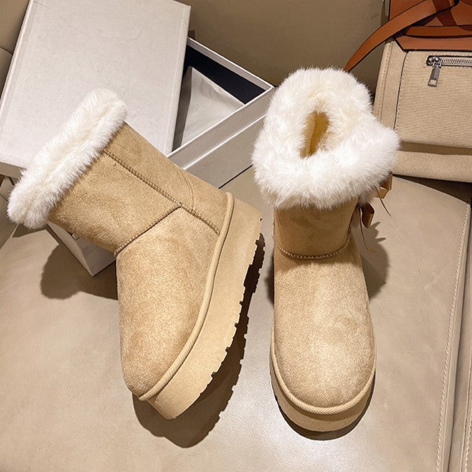 Women's Bow-Knit Cozy Winter Boots - Shearling Lined Chunky Platform Snow Boots (US 5-9.5)