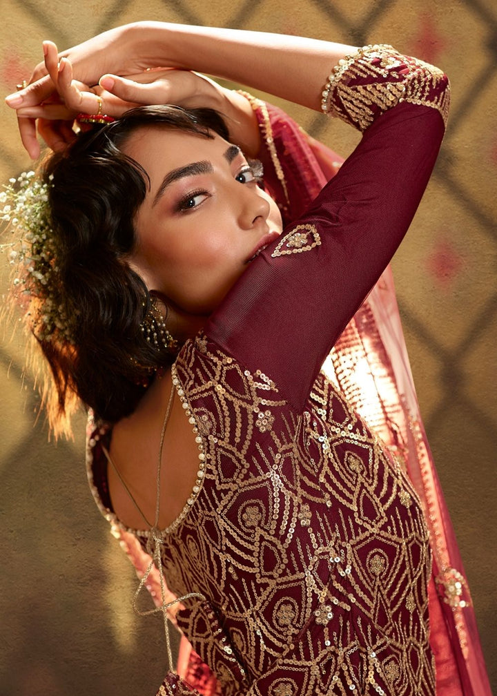 Berry Red Designer Soft Net Sharara Suit with overall Sequins work By Qivii