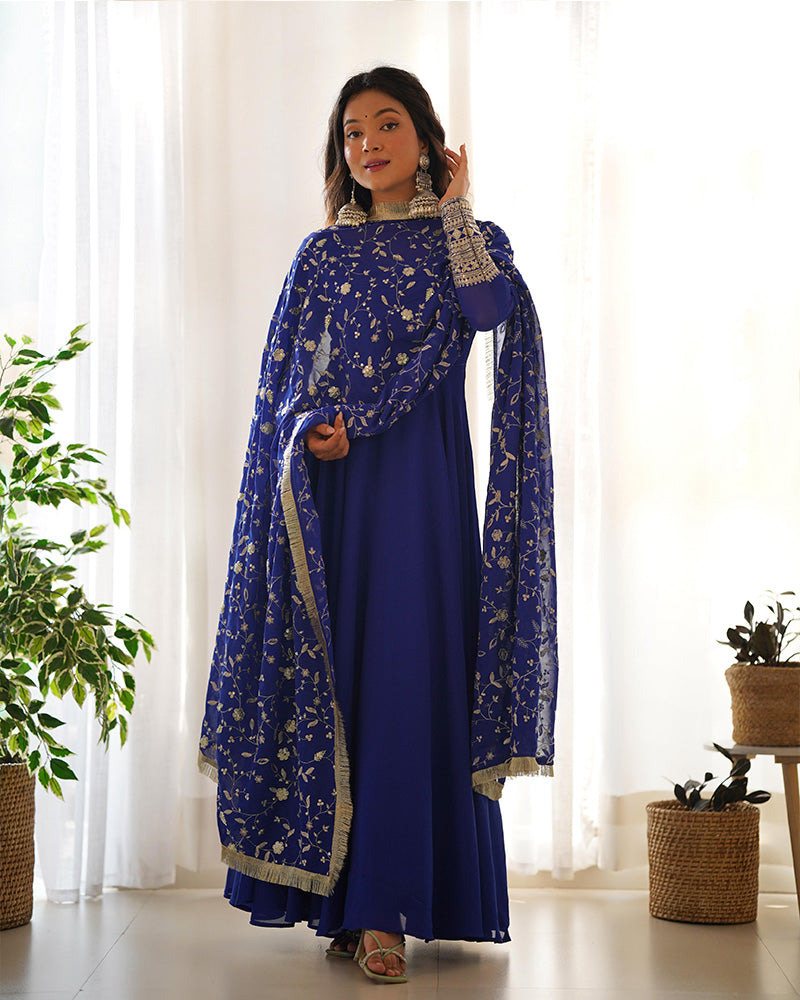 Royal blue soft georgette anarkali suit with heavy embroidery work and dupatta by Qivii, perfect for special occasions and events