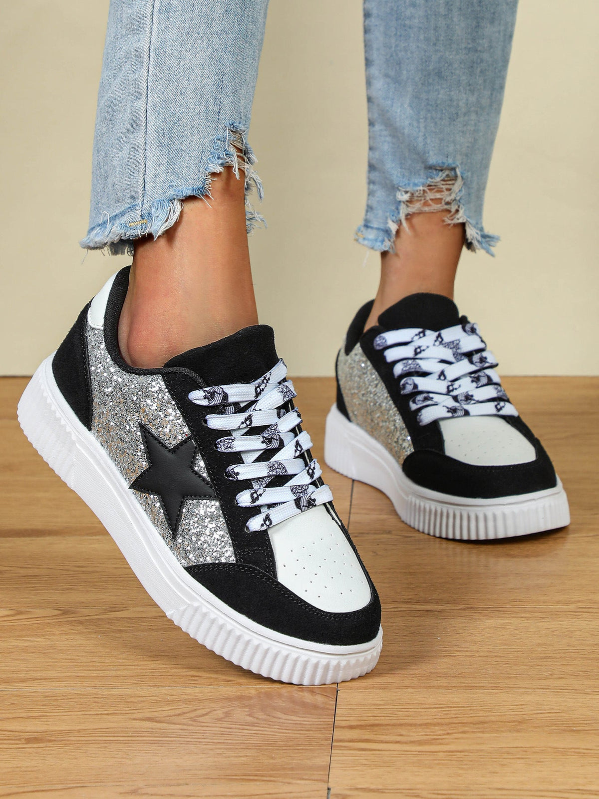 Women's Plus Size Trendy Sequins Skate Shoes - Soft Cushioned Lace-Up Casual Sneakers for Unisex Couples, Outdoor & School Streetwear