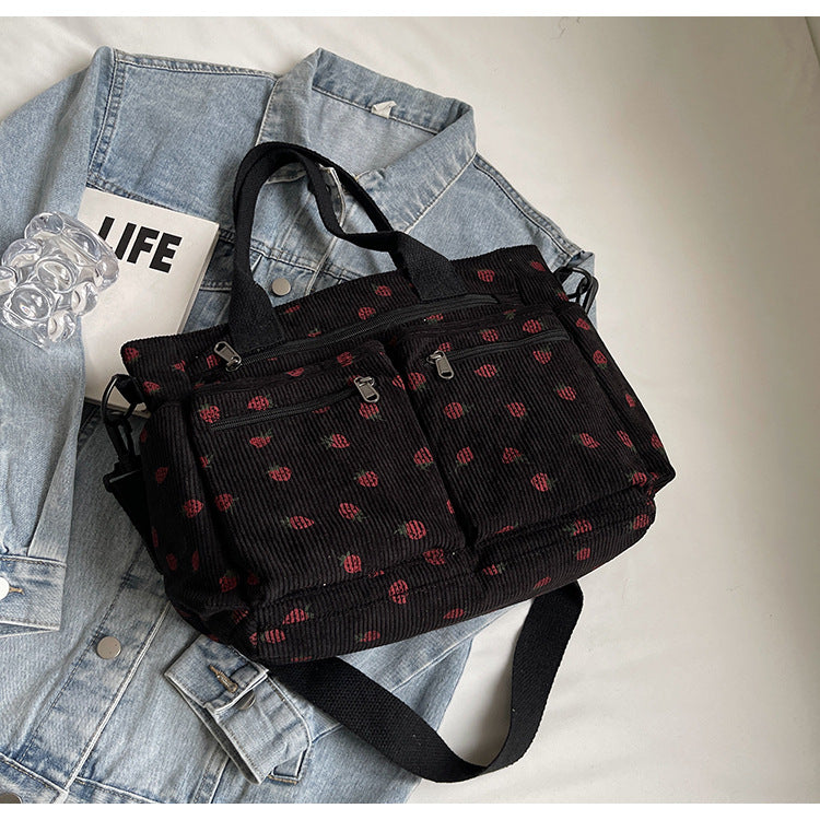 Women's Corduroy Cherry Print Tote Bag – Versatile Women's Strawberry Shoulder & Crossbody Large Capacity Mommy Bag