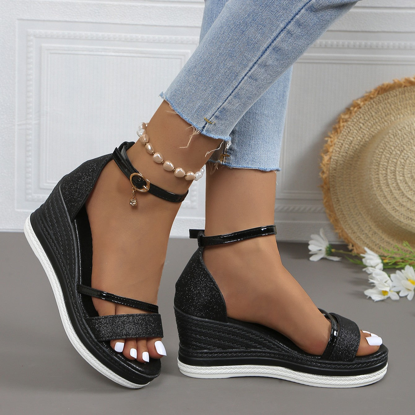 Women's Plus Size Rhinestone Platform Sandals – Peep-Toe Wedge Heel with Adjustable Ankle Strap, Chunky Beach Wedding Shoes