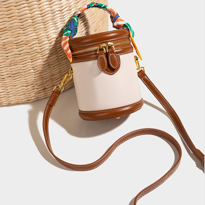 Women's Retro Color-Block Barrel Bag – Mini Cylinder Cosmetic Case with Detachable Silk Scarf & Chain Strap