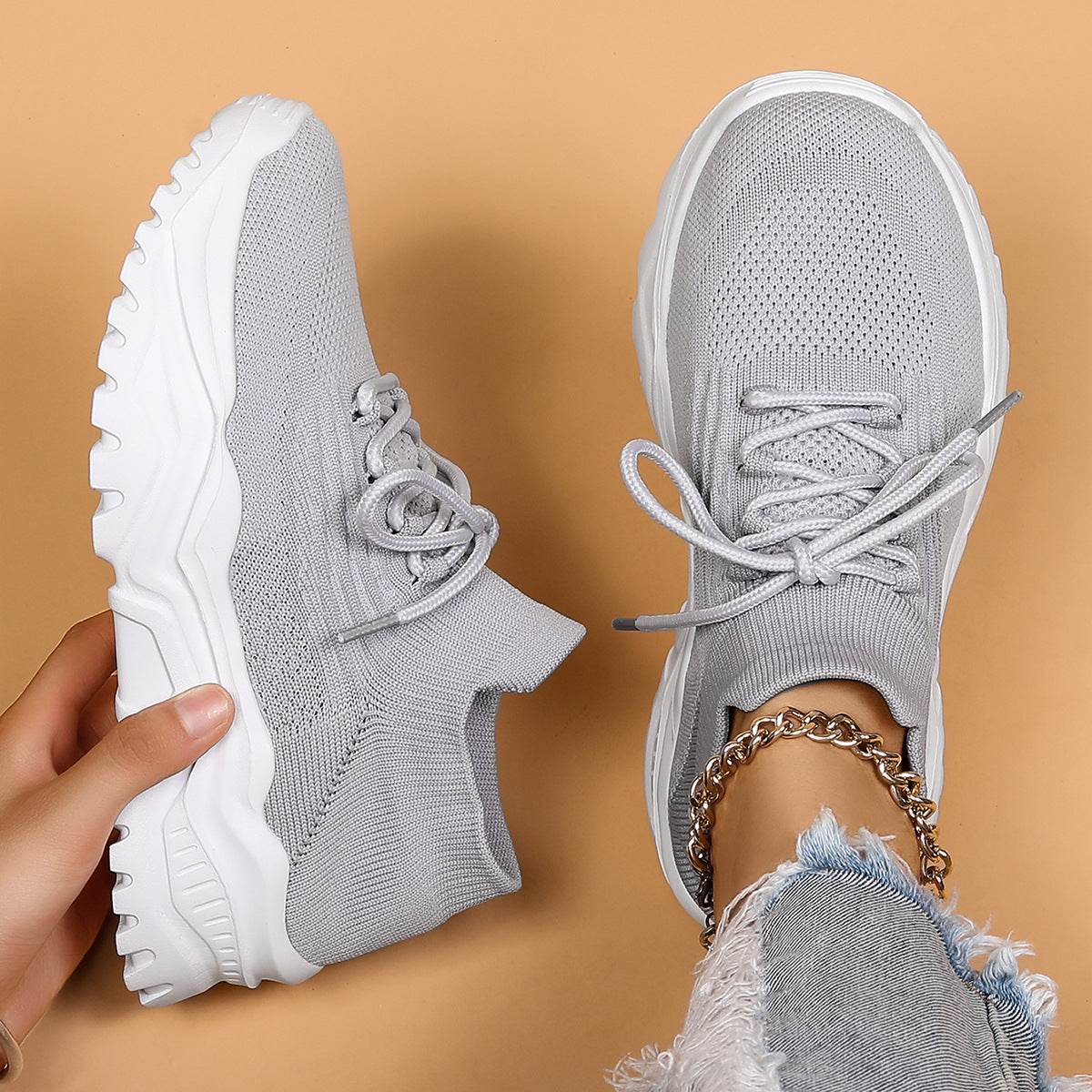 Women's Nyvelle Knit Sock Sneakers - Breathable Lace-Up Mesh Shoes with Chunky Ridged Sole (US 4-11)