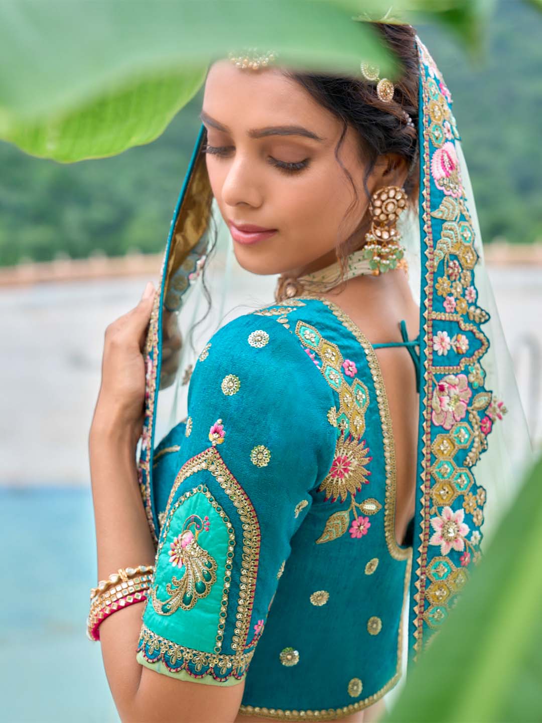 Pista-Teal Shaded Heavy Designer Embroidered Patchwork Silk Semi Stitched Lehenga Choli - qivii