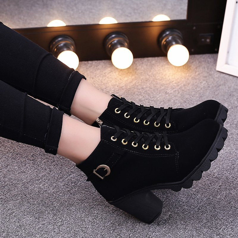 Women's Buckle Decorated Chunky Heel Ankle Boots - Side Zipper & Lace-Up Round Toe Mid-Calf Equestrian Boots (US 4-10)