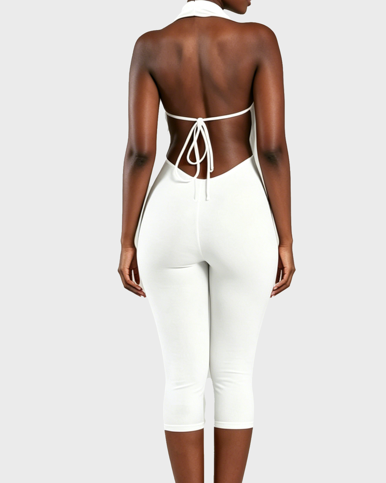 V Neck Halter Open Back Tie Capri Jumpsuit  - By Qivii