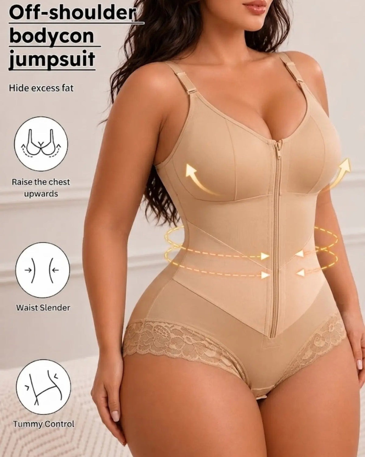 Front Zip Adjustable Strap Tummy Control Butt Lifting Bodysuit Shapewear