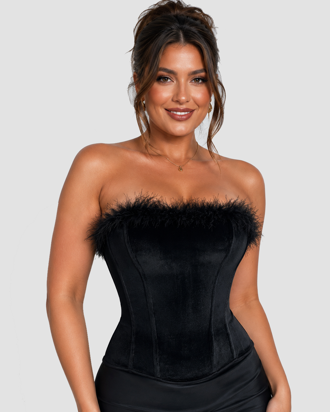 Black Velvet Feather Trim Strapless Corset Top with Lace Up Back