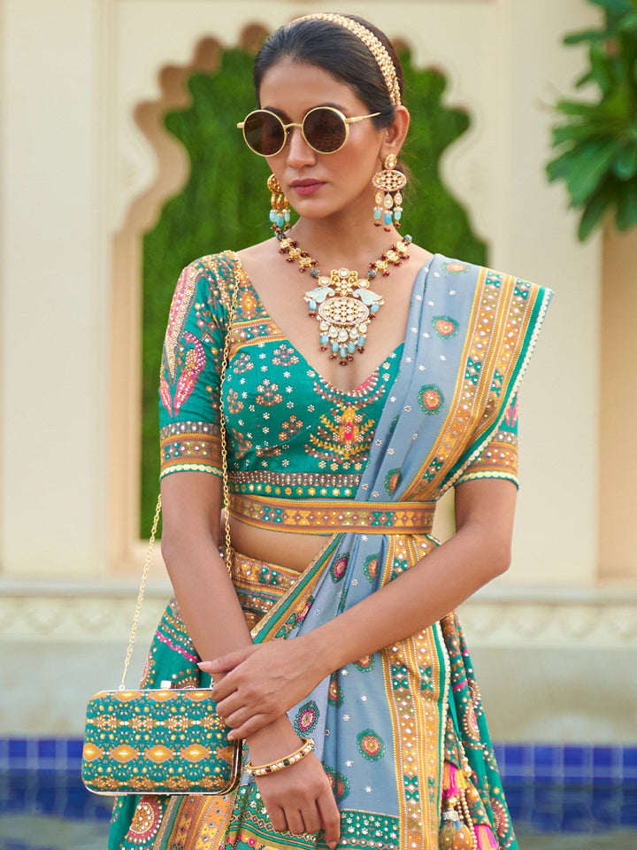 Turquoise Blue Designer Silk Ready to Wear Lehenga Choli With Sparkle & Mirror Work