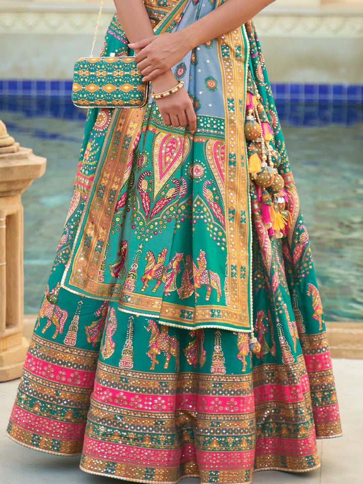 Turquoise Blue Designer Silk Ready to Wear Lehenga Choli With Sparkle & Mirror Work