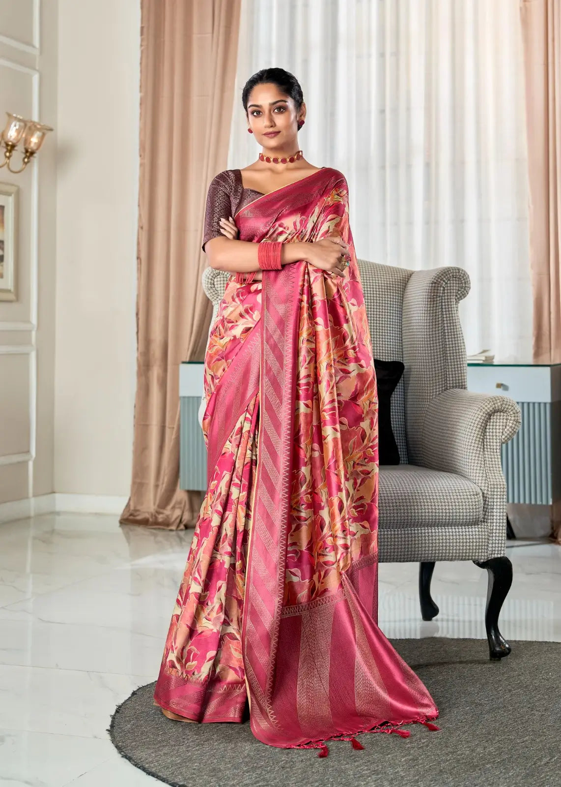 Rose pink Handloom Silk Saree With Digital Print With  Big Zari Border - qivii