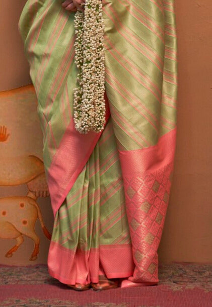 Festive Peach and Green Silk Blend Woven Saree