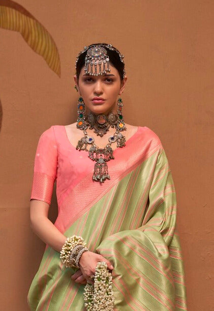 Festive Peach and Green Silk Blend Woven Saree