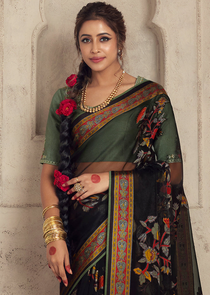 Onyx Black Floral Printed Organza Silk Saree - qivii