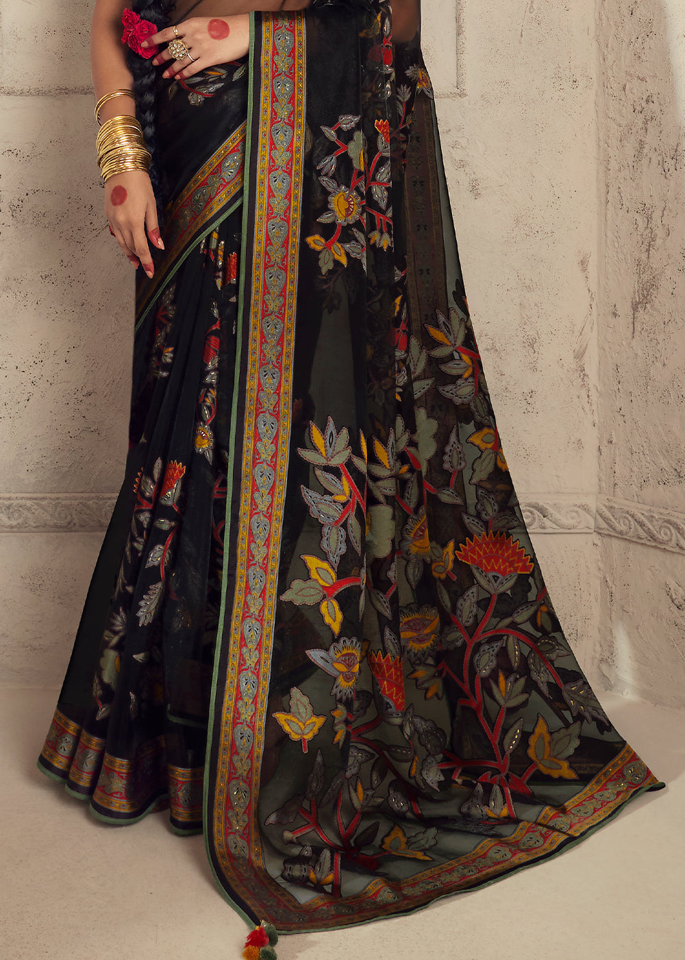 Onyx Black Floral Printed Organza Silk Saree - qivii