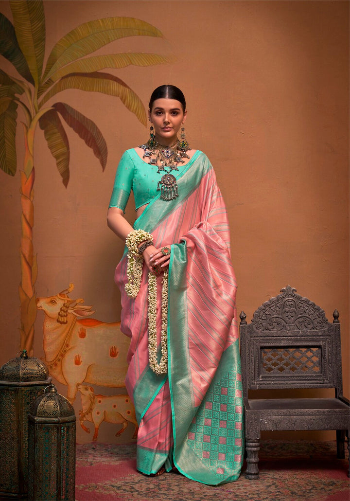 Festive Sea Green and Peach Silk Blend Woven Saree