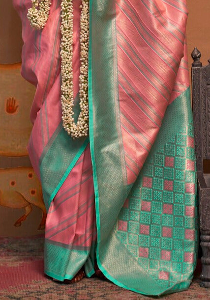 Festive Sea Green and Peach Silk Blend Woven Saree