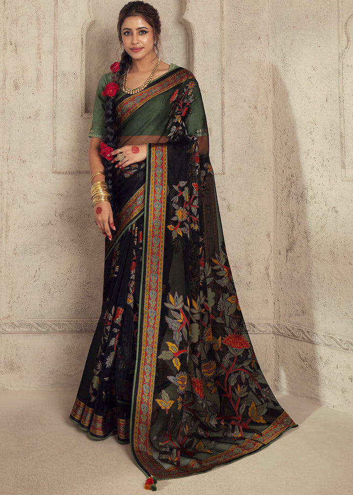 Onyx Black Floral Printed Organza Silk Saree - qivii