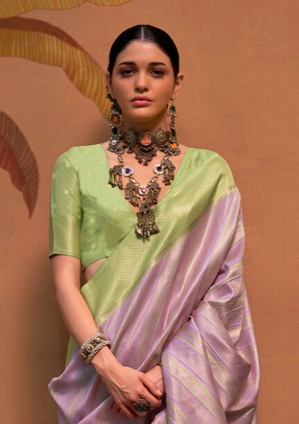 Festive Pista and Purple Silk Blend Woven Saree