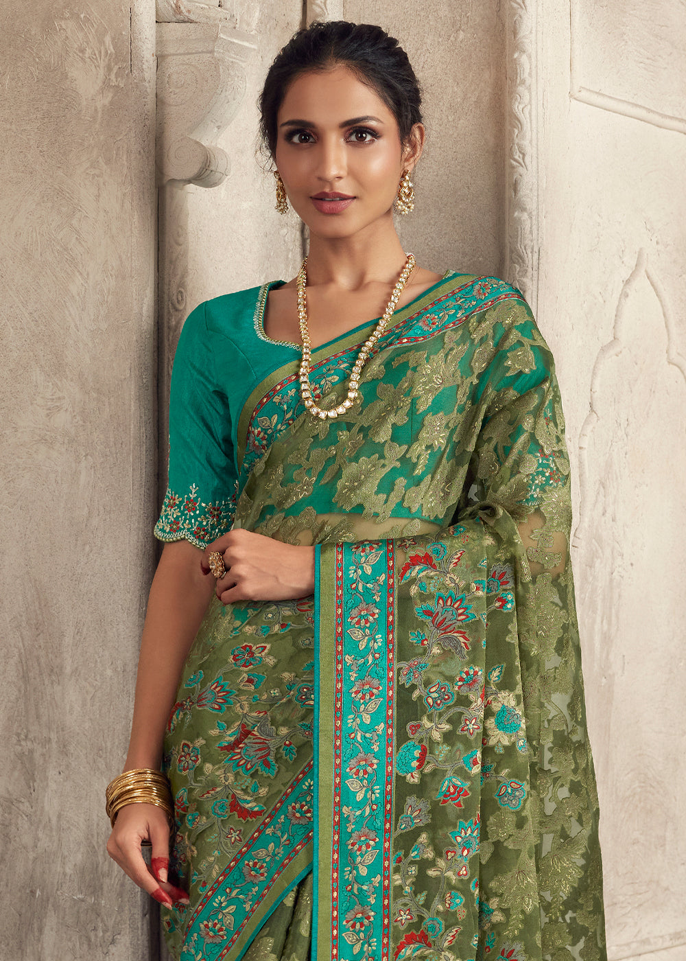Fern Green Floral Printed Organza Silk Saree - qivii