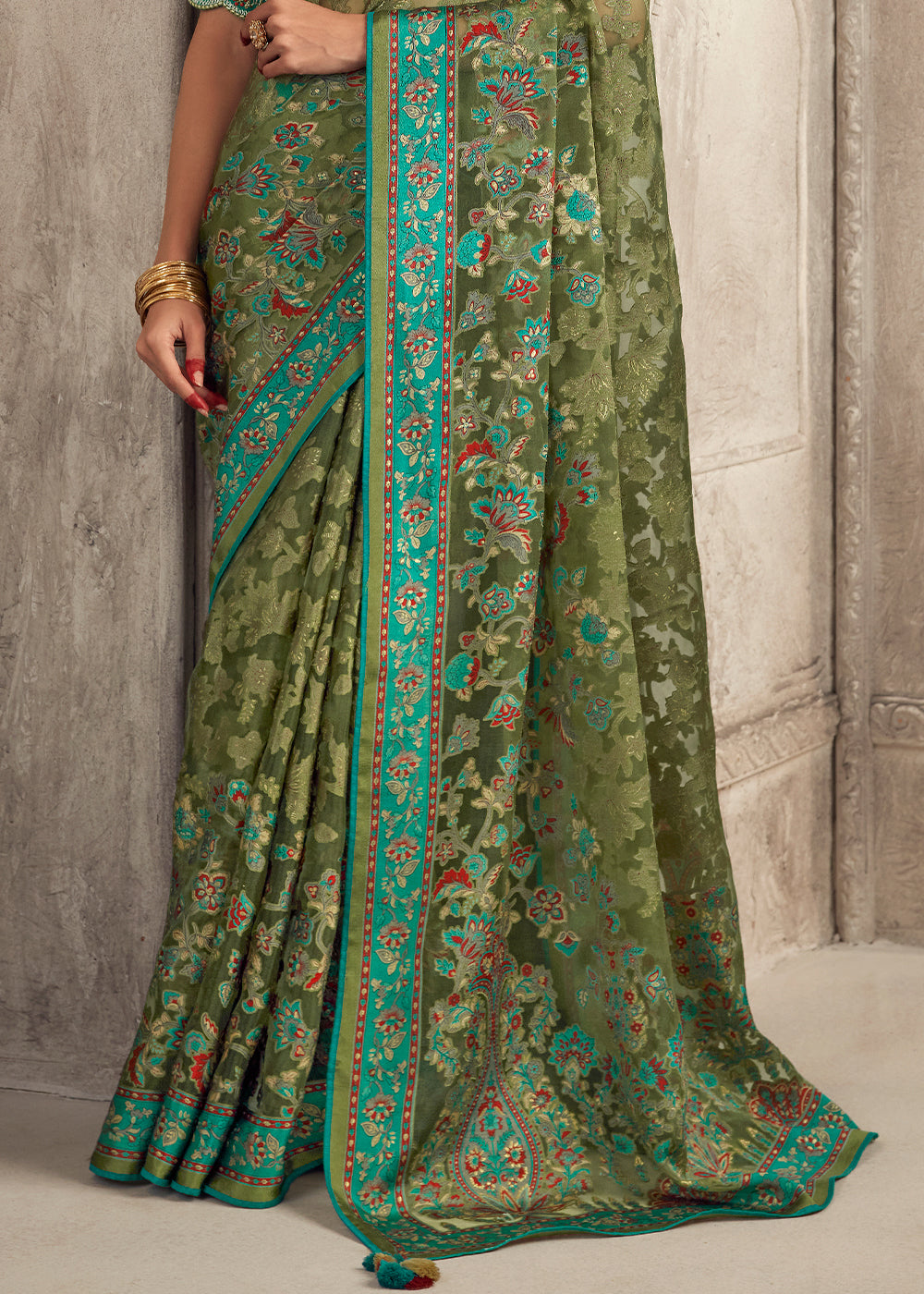 Fern Green Floral Printed Organza Silk Saree - qivii