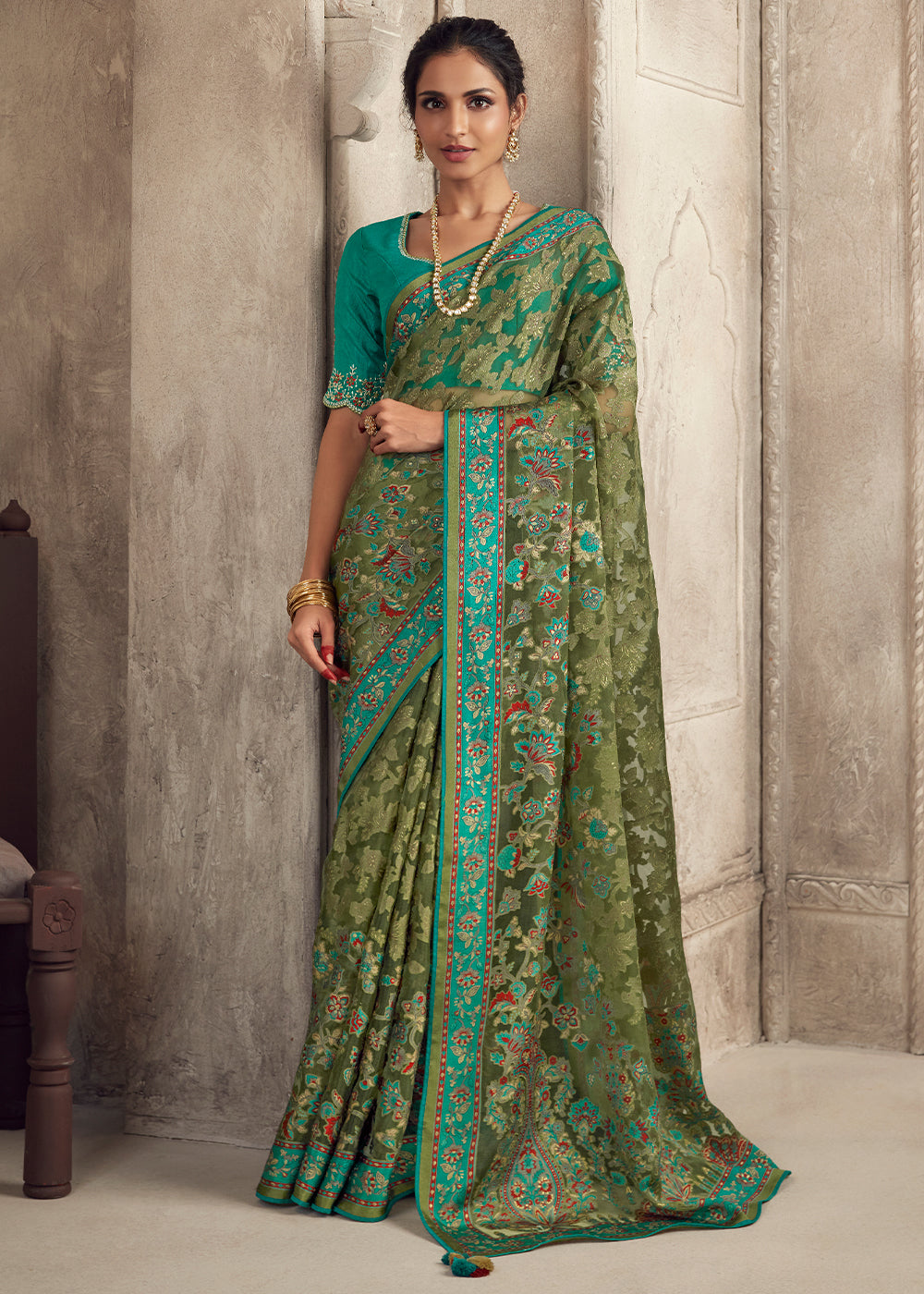 Fern Green Floral Printed Organza Silk Saree - qivii
