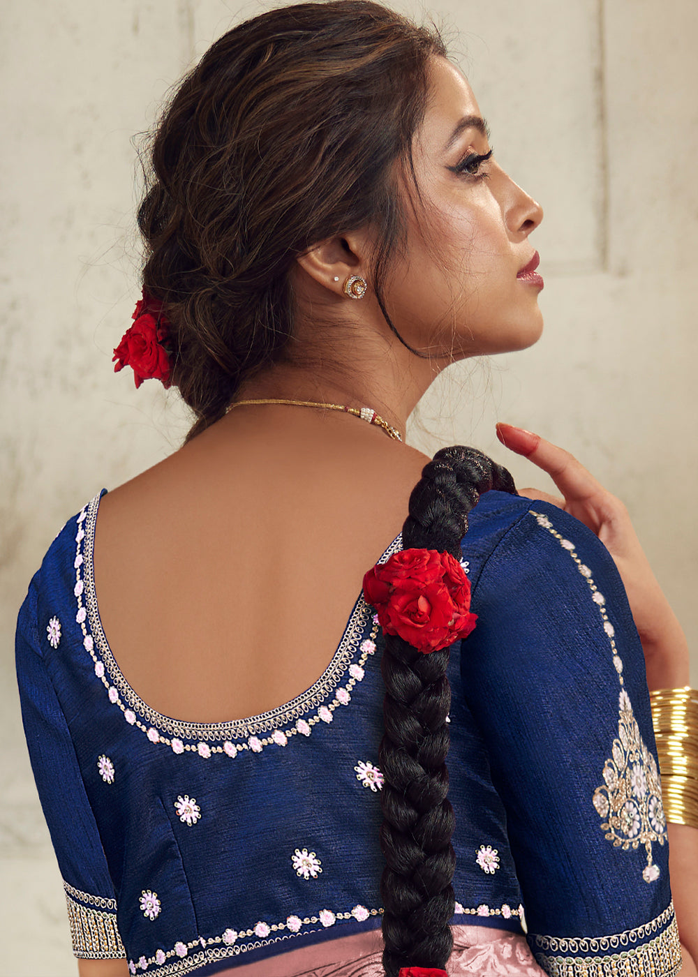 Light Pink Floral Printed Organza Silk Saree - qivii