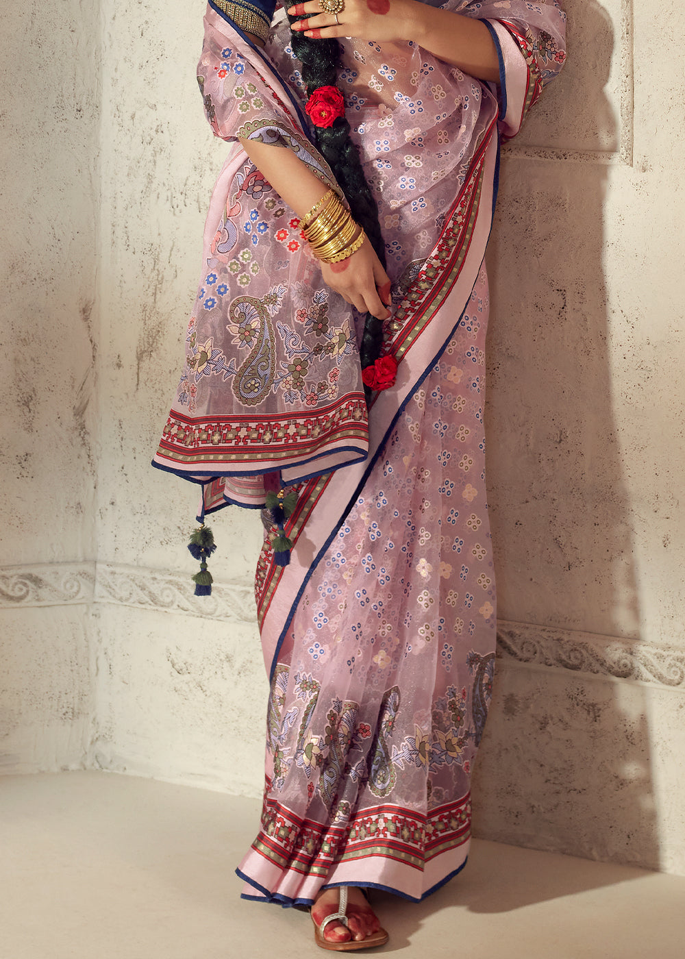 Light Pink Floral Printed Organza Silk Saree - qivii