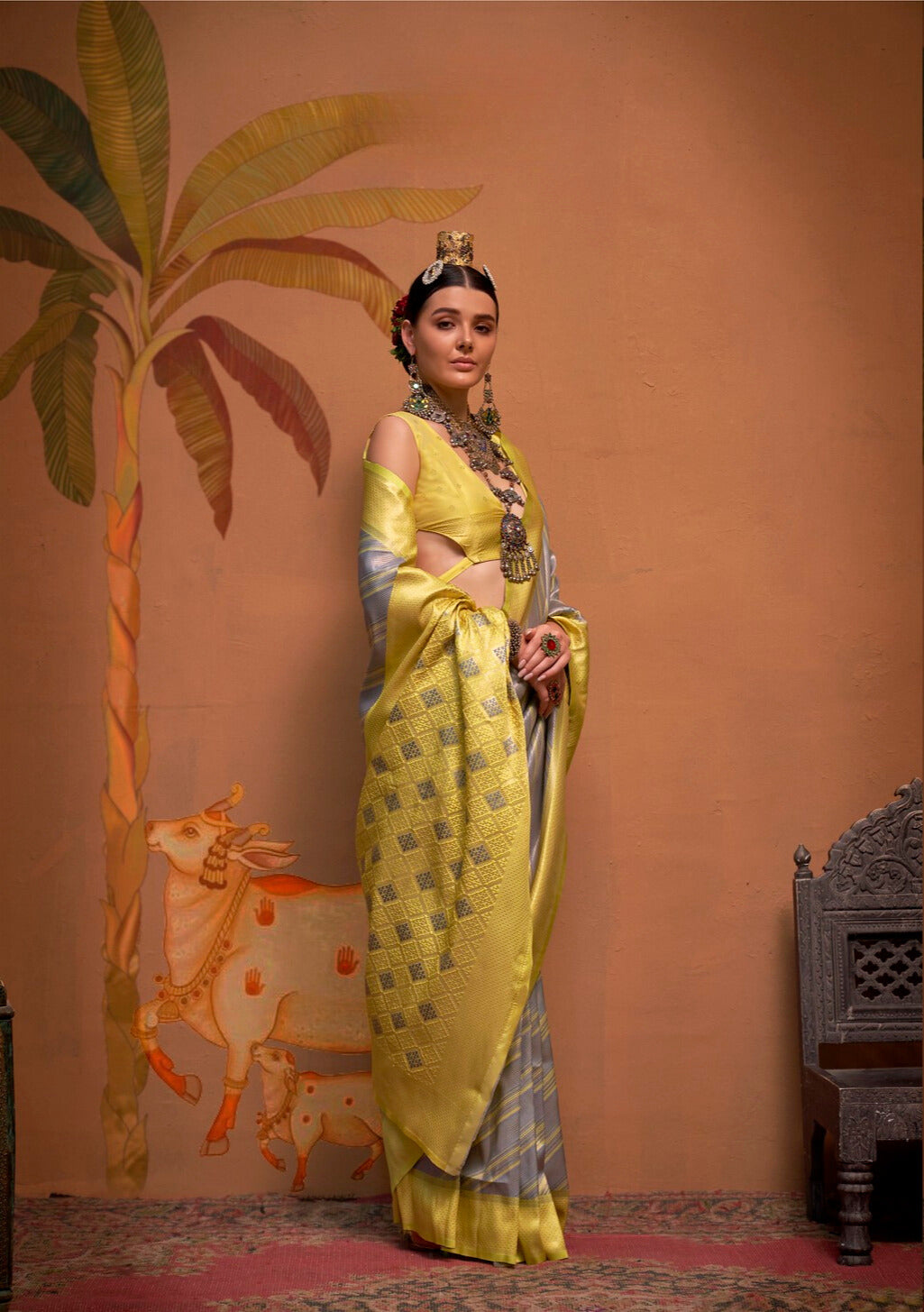 Festive Yellow and Gray Silk Blend Woven Saree