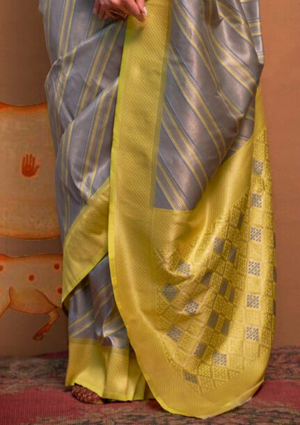 Festive Yellow and Gray Silk Blend Woven Saree