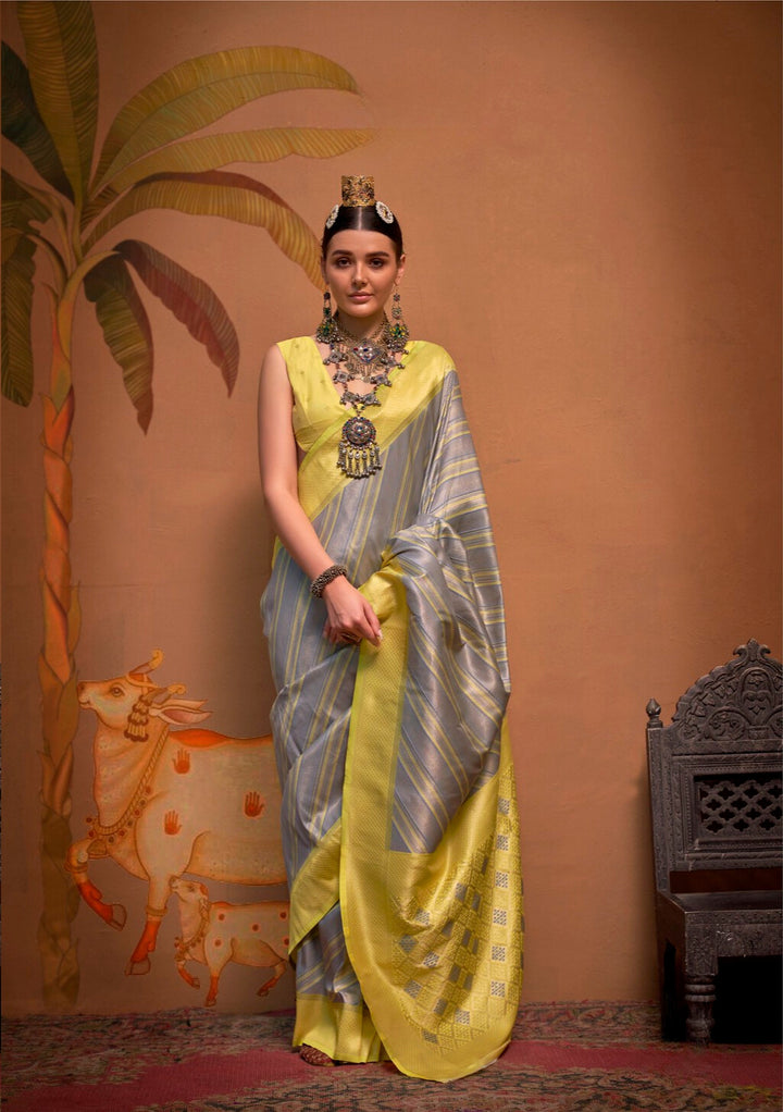 Festive Yellow and Gray Silk Blend Woven Saree