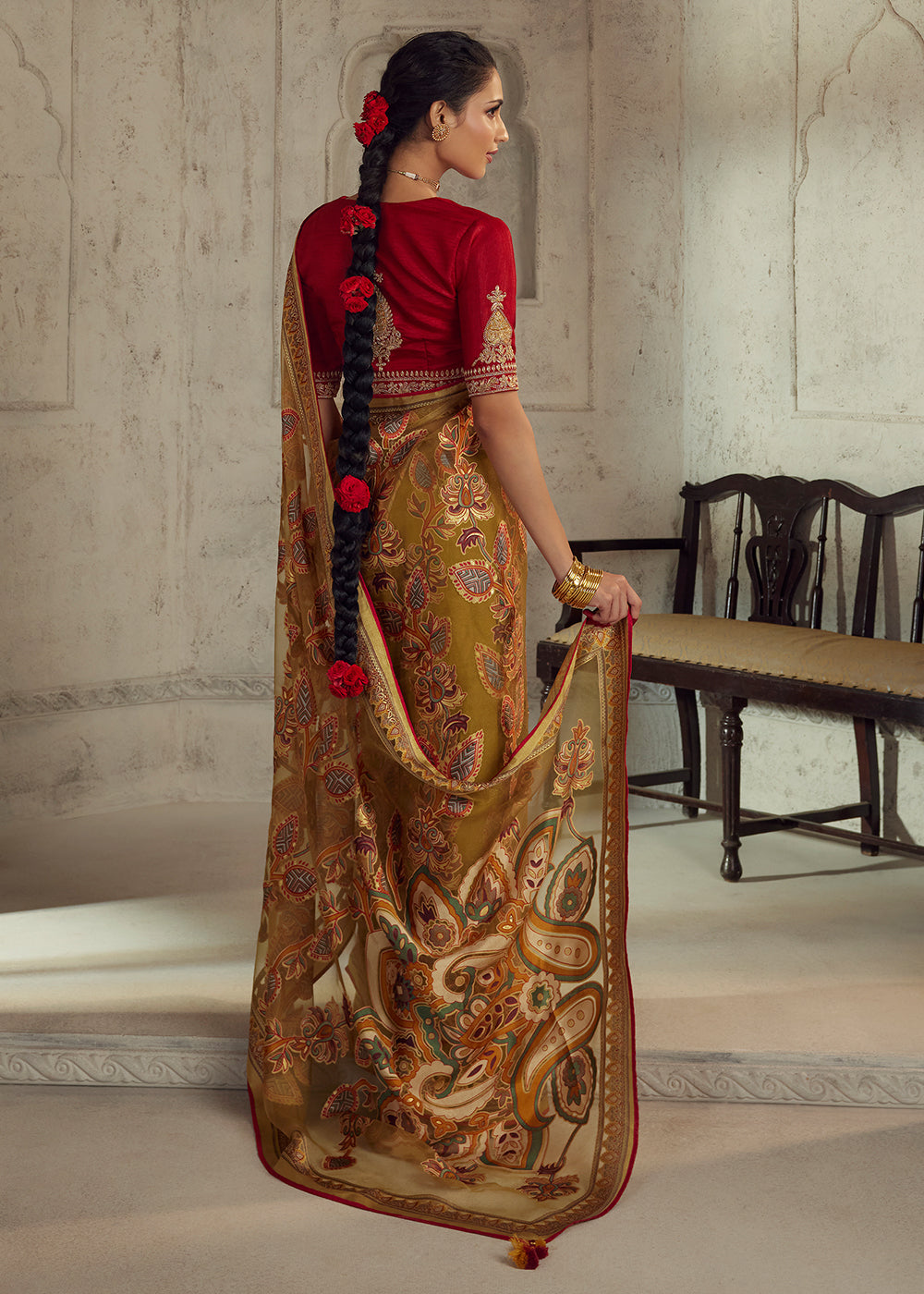 Caramel Brown Floral Printed Organza Silk Saree - qivii